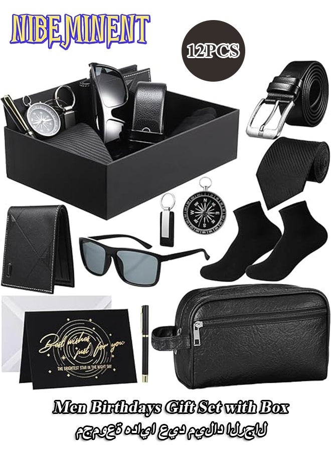 NIBEMINENT طقم هدايا عيد ميلاد للرجال مكون من 12 قطعة مع صندوق للرجال والآباء - محفظة من جلد PU، حقيبة أدوات جلدية، ربطة عنق، جورب، حزام، سلسلة مفاتيح، نظارات شمسية، قلم - Image 1